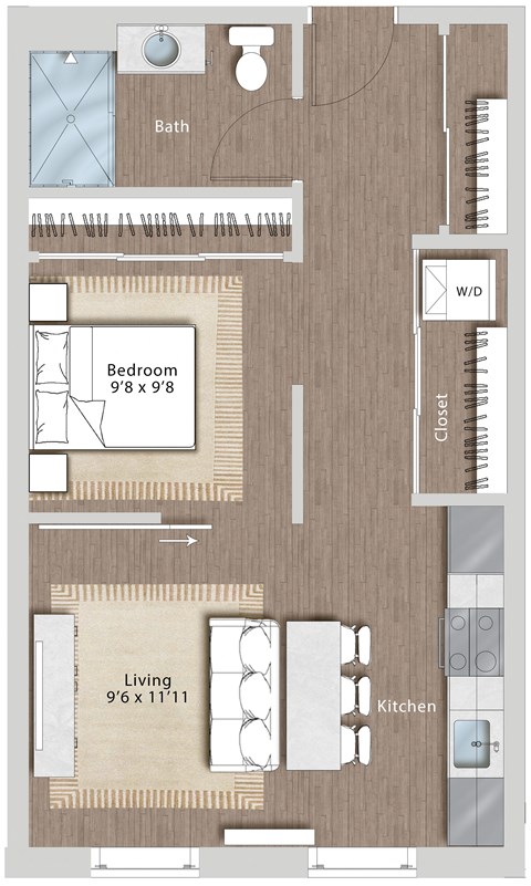 a floor plan of a studio apartment with a bedroom and a living room  at Sono Central Residential, Norwalk, CT